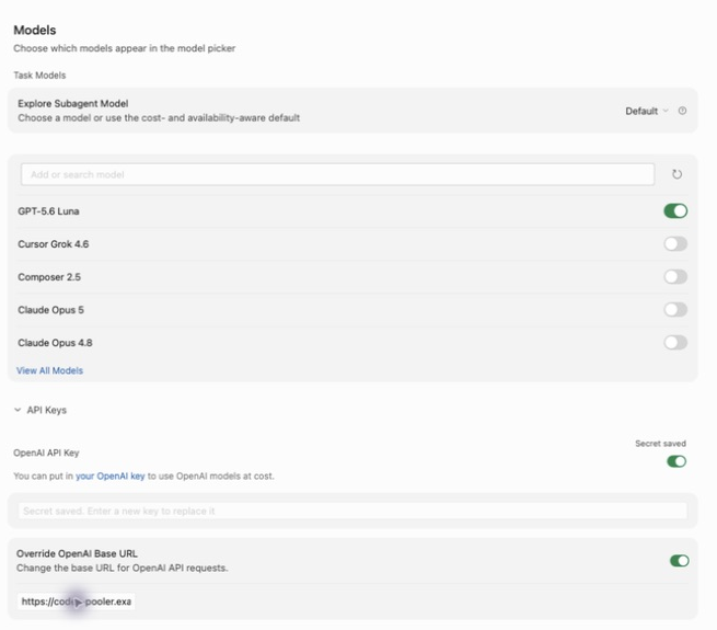 Cursor Models settings with the OpenAI key and base URL override enabled