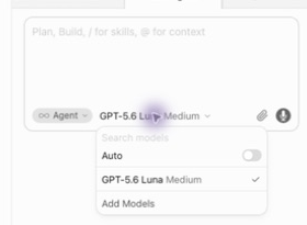 Cursor model picker with Auto off and GPT-5.6 Luna selected