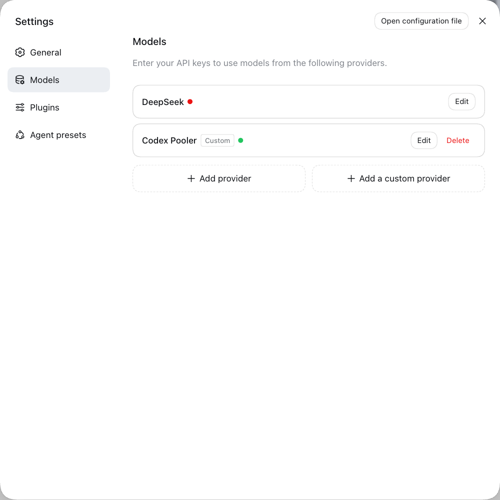 DeepSeek Harness Settings Models page showing configured providers in a localhost demo.