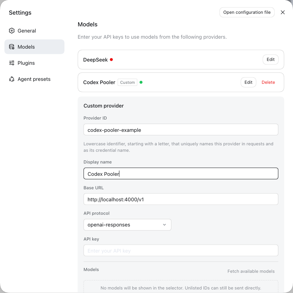 DeepSeek Harness custom-provider wizard with a localhost Base URL, OpenAI Responses protocol, and blank API-key field.