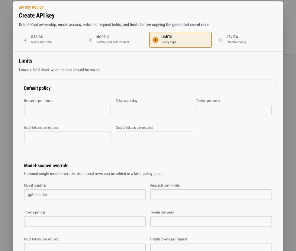 Create API key limits step